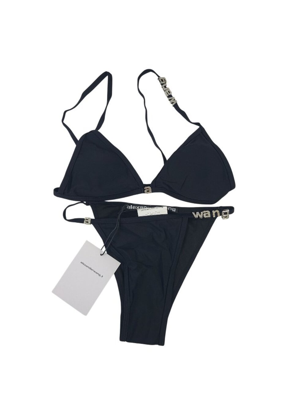 NEW Alexander Wang Black Bikini With Rhinestone Embellished Straps & Logo Sz S